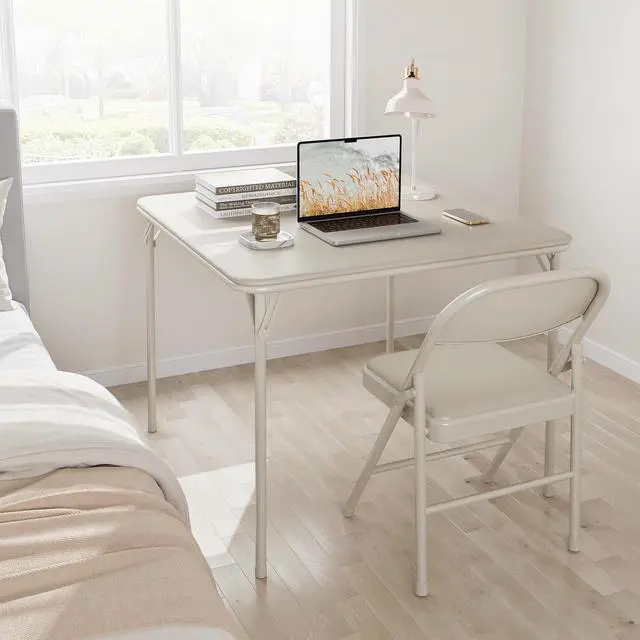 Alt view image 3 of 6 - Folding Portable Card Table and Foldable Chair Set of 5, Pu Upholstered Foldable Chairs and Table With Metal Frame, Folding Table and Chair Suitable for Dining Room, Living Room, Office, Camping-Beige