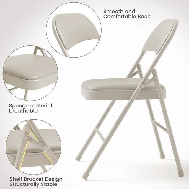 Alt view image 5 of 6 - Folding Portable Card Table and Foldable Chair Set of 5, Pu Upholstered Foldable Chairs and Table With Metal Frame, Folding Table and Chair Suitable for Dining Room, Living Room, Office, Camping-Beige