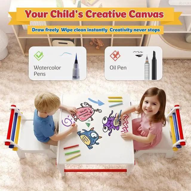 Alt view image 2 of 6 - Kids Table and Chair Set 4-in-1 with Storage, Wooden Activity Table for Crafts, Arts, Drawing, Reading, Toddler Furniture for Playroom, Nursery, Gift for Boys & Girls (Age 3+)