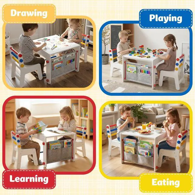 Alt view image 3 of 6 - Kids Table and Chair Set 4-in-1 with Storage, Wooden Activity Table for Crafts, Arts, Drawing, Reading, Toddler Furniture for Playroom, Nursery, Gift for Boys & Girls (Age 3+)