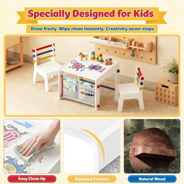 Alt view image 5 of 6 - Kids Table and Chair Set 4-in-1 with Storage, Wooden Activity Table for Crafts, Arts, Drawing, Reading, Toddler Furniture for Playroom, Nursery, Gift for Boys & Girls (Age 3+)