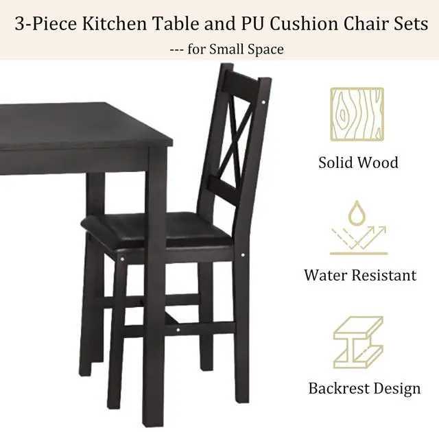 Alt view image 2 of 6 - Small Dining Table Set 3 Piece Wood Dinning Room Table Set for 2, Square Kitchen Table and 2 Chairs, Space Saving Dinette for Kitchen, Dining Room, Appartment, Dark Brown