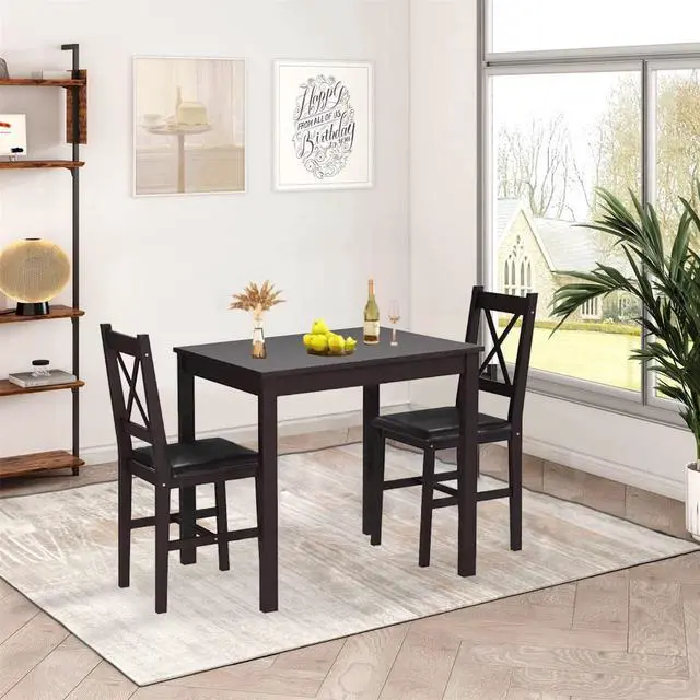Alt view image 4 of 6 - Small Dining Table Set 3 Piece Wood Dinning Room Table Set for 2, Square Kitchen Table and 2 Chairs, Space Saving Dinette for Kitchen, Dining Room, Appartment, Dark Brown