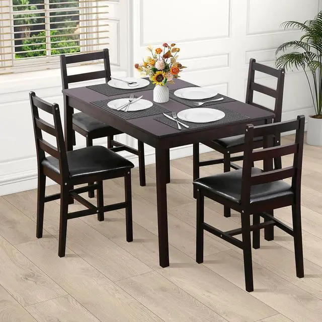Alt view image 2 of 6 - Kitchen Table Set 5 Piece Dining Table Set Sturdy Wooden Square Table and Chair Breakfast Table Set for 4 Person, Small Dining Room Table Set for Restaurant Home Kitchen Living Room, Brown