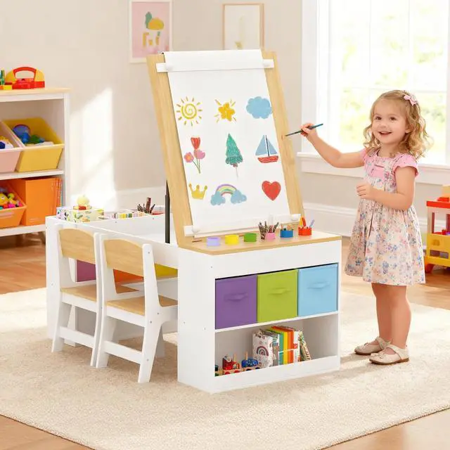Main image of Kids Art Table and 2 Chairs Set, Wooden Craft Desk with 2 Storage Shelves, 6 Storage Bins & Paper Roll for Drawing, Learning and Reading, Toddler Activity Play Desk for Home, 47 L x23 W