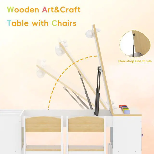 Alt view image 2 of 6 - Kids Art Table and 2 Chairs Set, Wooden Craft Desk with 2 Storage Shelves, 6 Storage Bins & Paper Roll for Drawing, Learning and Reading, Toddler Activity Play Desk for Home, 47 L x23 W