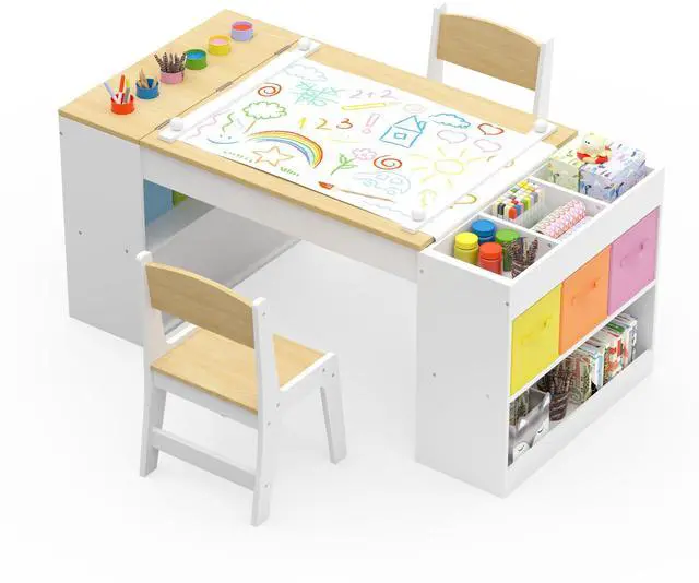 Alt view image 3 of 6 - Kids Art Table and 2 Chairs Set, Wooden Craft Desk with 2 Storage Shelves, 6 Storage Bins & Paper Roll for Drawing, Learning and Reading, Toddler Activity Play Desk for Home, 47 L x23 W