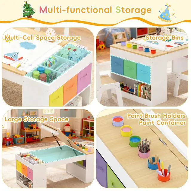 Alt view image 4 of 6 - Kids Art Table and 2 Chairs Set, Wooden Craft Desk with 2 Storage Shelves, 6 Storage Bins & Paper Roll for Drawing, Learning and Reading, Toddler Activity Play Desk for Home, 47 L x23 W