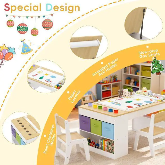 Alt view image 5 of 6 - Kids Art Table and 2 Chairs Set, Wooden Craft Desk with 2 Storage Shelves, 6 Storage Bins & Paper Roll for Drawing, Learning and Reading, Toddler Activity Play Desk for Home, 47 L x23 W