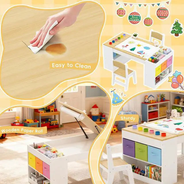 Alt view image 6 of 6 - Kids Art Table and 2 Chairs Set, Wooden Craft Desk with 2 Storage Shelves, 6 Storage Bins & Paper Roll for Drawing, Learning and Reading, Toddler Activity Play Desk for Home, 47 L x23 W