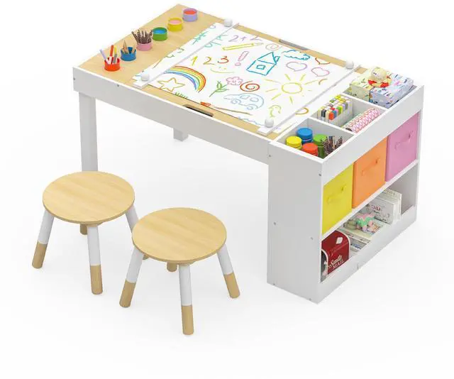 Main image of Kids Art Table and 2 Chairs Set, Wooden Craft Desk with Storage Shelves, 3 Storage Bins & Paper Roll for Drawing, Learning and Reading, Toddler Activity Play Desk for Home, 39 L x23 W