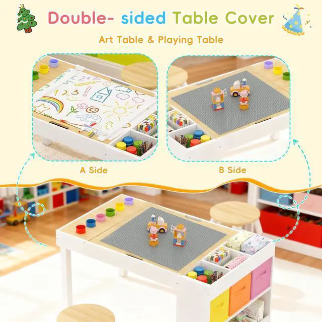 Alt view image 2 of 6 - Kids Art Table and 2 Chairs Set, Wooden Craft Desk with Storage Shelves, 3 Storage Bins & Paper Roll for Drawing, Learning and Reading, Toddler Activity Play Desk for Home, 39 L x23 W