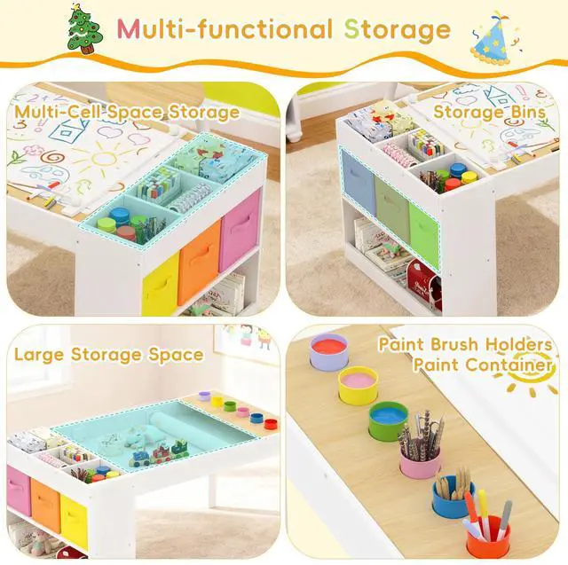 Alt view image 3 of 6 - Kids Art Table and 2 Chairs Set, Wooden Craft Desk with Storage Shelves, 3 Storage Bins & Paper Roll for Drawing, Learning and Reading, Toddler Activity Play Desk for Home, 39 L x23 W