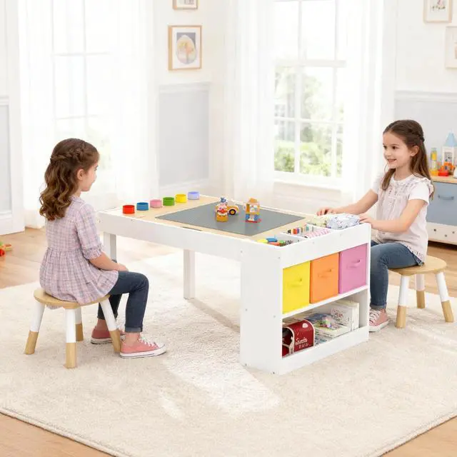 Alt view image 4 of 6 - Kids Art Table and 2 Chairs Set, Wooden Craft Desk with Storage Shelves, 3 Storage Bins & Paper Roll for Drawing, Learning and Reading, Toddler Activity Play Desk for Home, 39 L x23 W