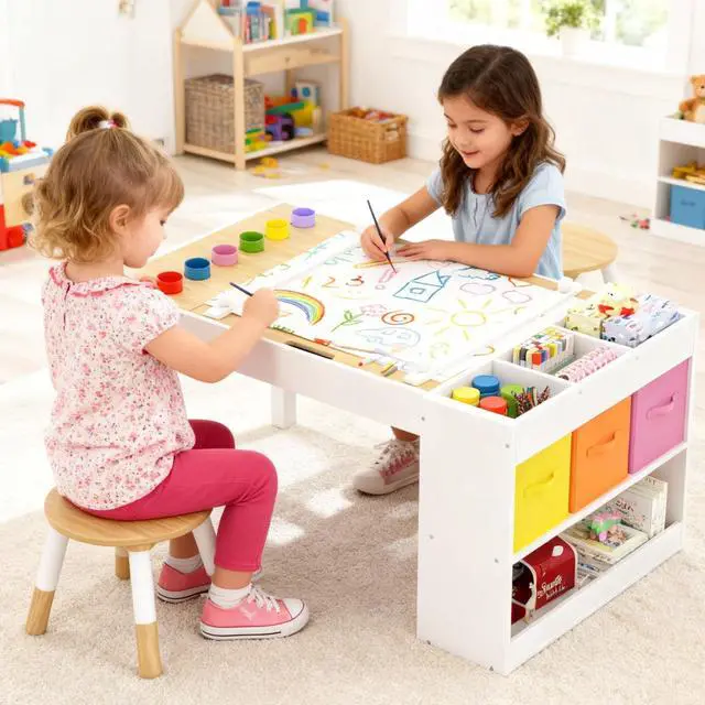 Alt view image 5 of 6 - Kids Art Table and 2 Chairs Set, Wooden Craft Desk with Storage Shelves, 3 Storage Bins & Paper Roll for Drawing, Learning and Reading, Toddler Activity Play Desk for Home, 39 L x23 W