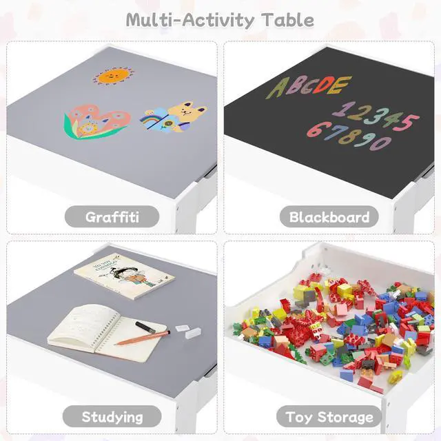 Alt view image 2 of 6 - Kids Table and Chair Set, 3 in 1 Wooden Activity Table with Detachable Tabletop, Toddler Table and Chair Set with Storage Drawer, Kids Play Table for Children Art, Craft, Eating, Learning