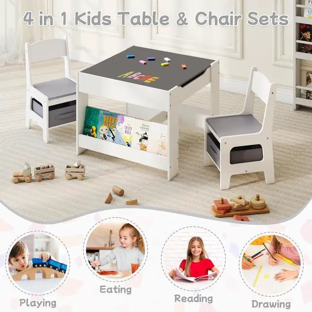 Alt view image 3 of 6 - Kids Table and Chair Set, 3 in 1 Wooden Activity Table with Detachable Tabletop, Toddler Table and Chair Set with Storage Drawer, Kids Play Table for Children Art, Craft, Eating, Learning