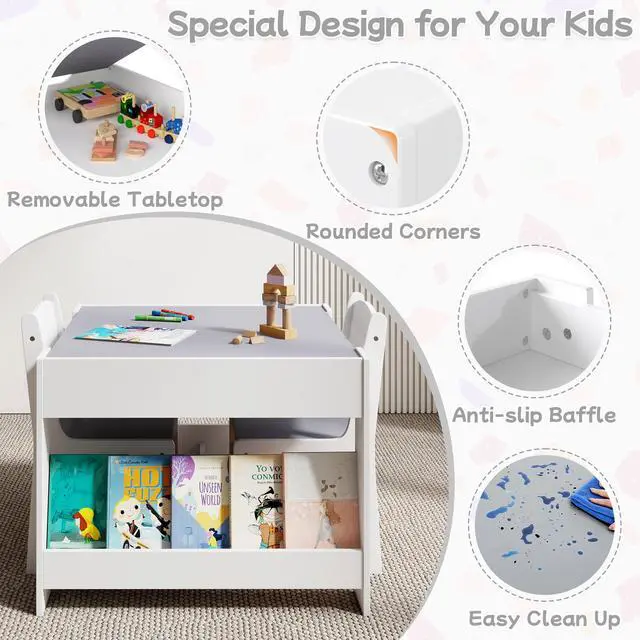 Alt view image 5 of 6 - Kids Table and Chair Set, 3 in 1 Wooden Activity Table with Detachable Tabletop, Toddler Table and Chair Set with Storage Drawer, Kids Play Table for Children Art, Craft, Eating, Learning