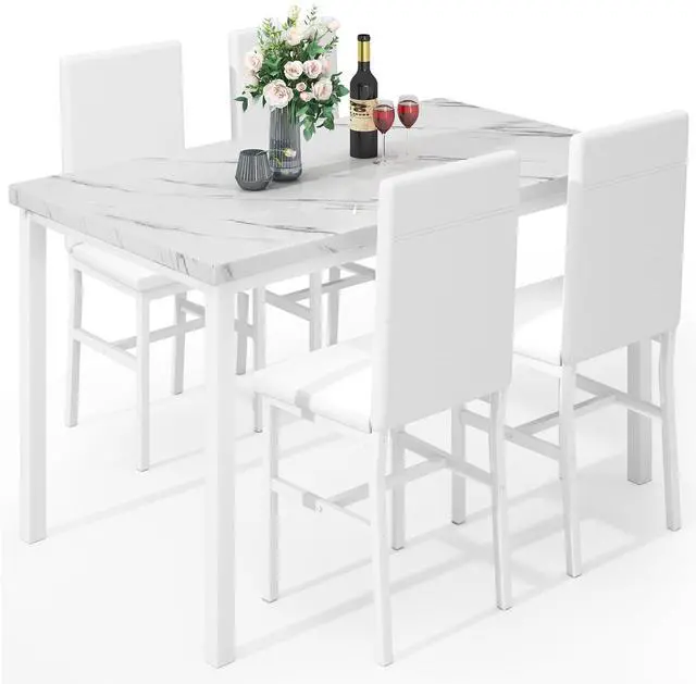 Main image of 5-Piece Dining Table Set for 4 with Faux Marble Top & Velvet Chairs, Space Saving Modern Kitchen Table Set for Small Spaces, Apartments