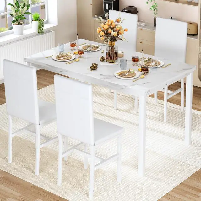 Alt view image 2 of 6 - 5-Piece Dining Table Set for 4 with Faux Marble Top & Velvet Chairs, Space Saving Modern Kitchen Table Set for Small Spaces, Apartments