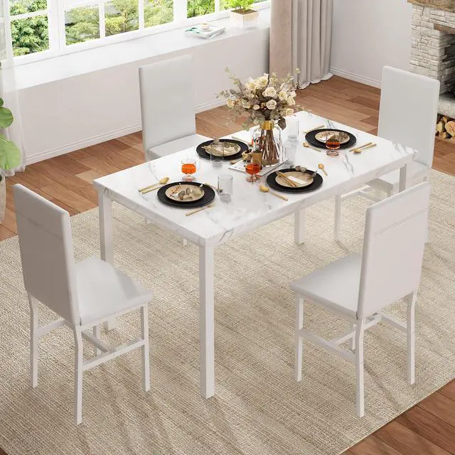 Alt view image 3 of 6 - 5-Piece Dining Table Set for 4 with Faux Marble Top & Velvet Chairs, Space Saving Modern Kitchen Table Set for Small Spaces, Apartments