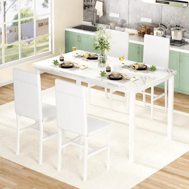 Alt view image 4 of 6 - 5-Piece Dining Table Set for 4 with Faux Marble Top & Velvet Chairs, Space Saving Modern Kitchen Table Set for Small Spaces, Apartments