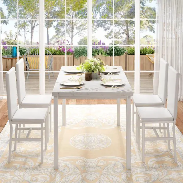 Alt view image 5 of 6 - 5-Piece Dining Table Set for 4 with Faux Marble Top & Velvet Chairs, Space Saving Modern Kitchen Table Set for Small Spaces, Apartments