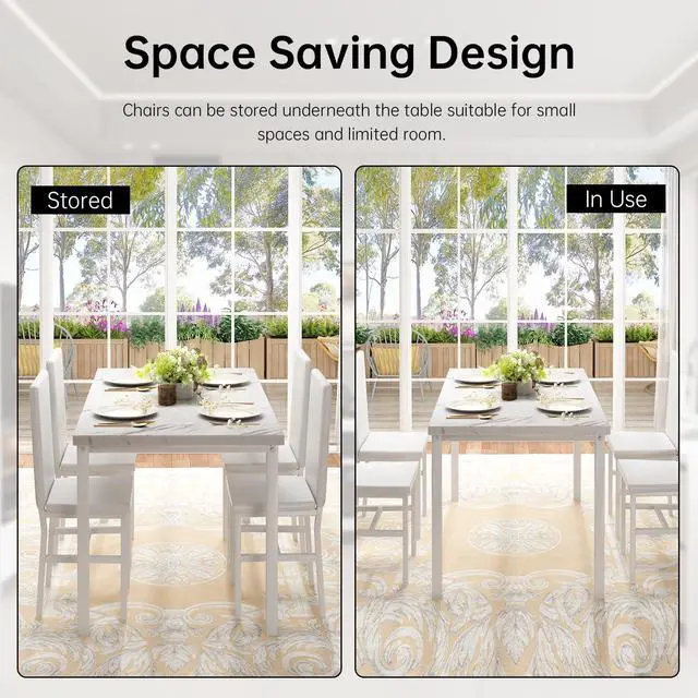 Alt view image 6 of 6 - 5-Piece Dining Table Set for 4 with Faux Marble Top & Velvet Chairs, Space Saving Modern Kitchen Table Set for Small Spaces, Apartments