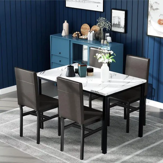 Alt view image 2 of 6 - 5-Piece Dining Table Set for 4 with Faux Marble Top & Velvet Chairs, Space Saving Modern Kitchen Table Set for Small Spaces, Apartments