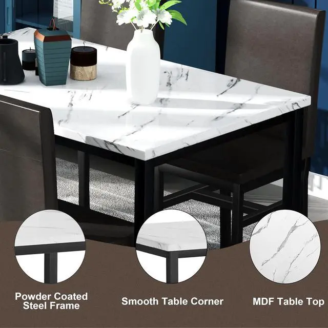 Alt view image 4 of 6 - 5-Piece Dining Table Set for 4 with Faux Marble Top & Velvet Chairs, Space Saving Modern Kitchen Table Set for Small Spaces, Apartments
