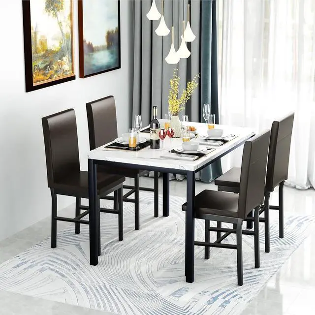 Alt view image 6 of 6 - 5-Piece Dining Table Set for 4 with Faux Marble Top & Velvet Chairs, Space Saving Modern Kitchen Table Set for Small Spaces, Apartments
