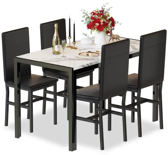 Main image of 5-Piece Dining Table Set for 4 with Faux Marble Top & Velvet Chairs, Space Saving Modern Kitchen Table Set for Small Spaces, Apartments