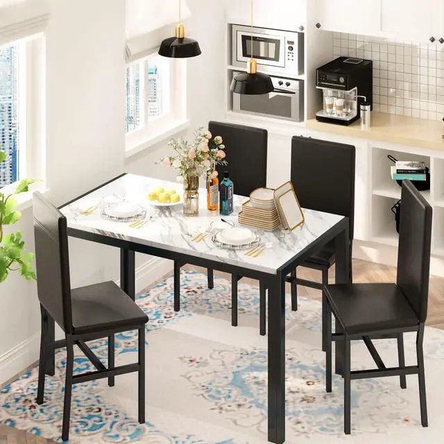 Alt view image 2 of 6 - 5-Piece Dining Table Set for 4 with Faux Marble Top & Velvet Chairs, Space Saving Modern Kitchen Table Set for Small Spaces, Apartments