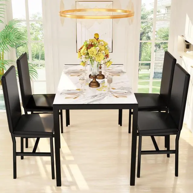 Alt view image 3 of 6 - 5-Piece Dining Table Set for 4 with Faux Marble Top & Velvet Chairs, Space Saving Modern Kitchen Table Set for Small Spaces, Apartments