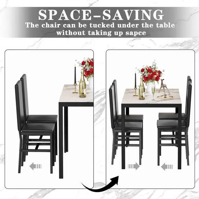 Alt view image 4 of 6 - 5-Piece Dining Table Set for 4 with Faux Marble Top & Velvet Chairs, Space Saving Modern Kitchen Table Set for Small Spaces, Apartments