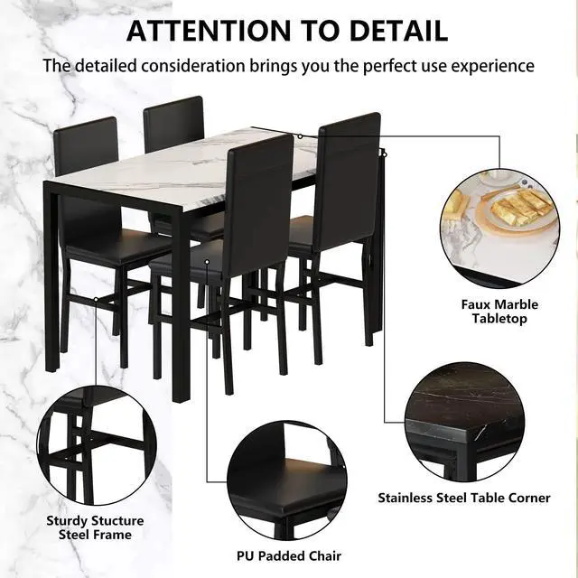 Alt view image 5 of 6 - 5-Piece Dining Table Set for 4 with Faux Marble Top & Velvet Chairs, Space Saving Modern Kitchen Table Set for Small Spaces, Apartments