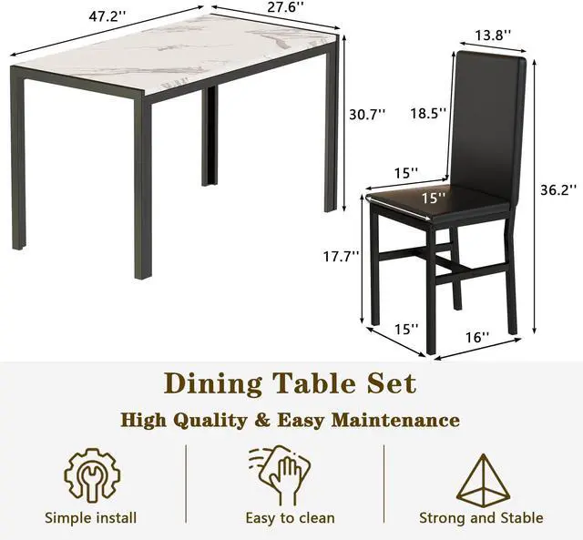 Alt view image 6 of 6 - 5-Piece Dining Table Set for 4 with Faux Marble Top & Velvet Chairs, Space Saving Modern Kitchen Table Set for Small Spaces, Apartments