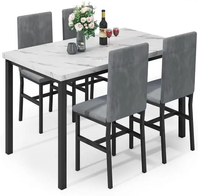 Main image of 5-Piece Dining Table Set for 4 with Faux Marble Top & Velvet Chairs, Space Saving Modern Kitchen Table Set for Small Spaces, Apartments