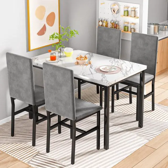 Alt view image 2 of 6 - 5-Piece Dining Table Set for 4 with Faux Marble Top & Velvet Chairs, Space Saving Modern Kitchen Table Set for Small Spaces, Apartments