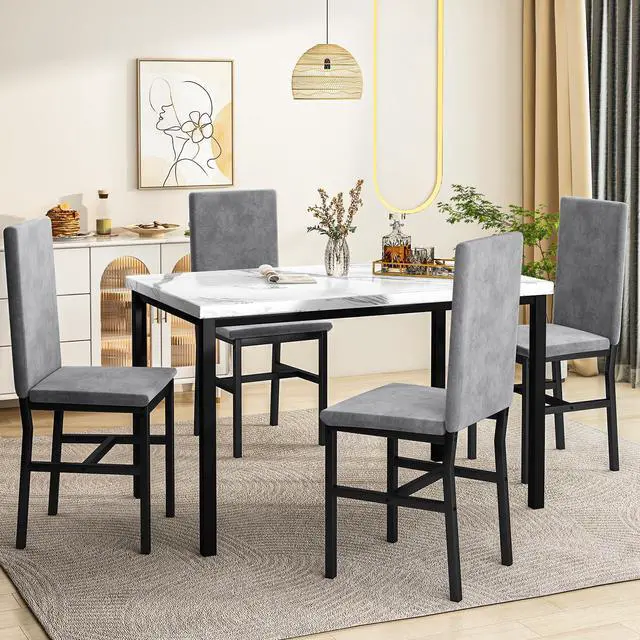 Alt view image 3 of 6 - 5-Piece Dining Table Set for 4 with Faux Marble Top & Velvet Chairs, Space Saving Modern Kitchen Table Set for Small Spaces, Apartments