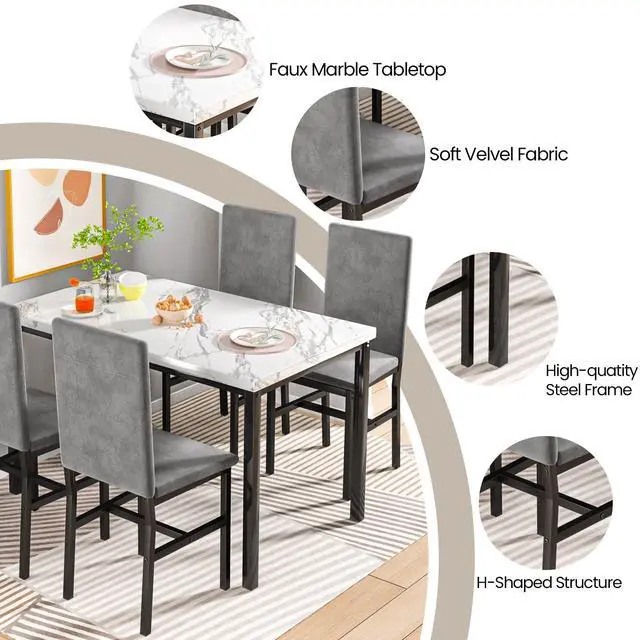 Alt view image 4 of 6 - 5-Piece Dining Table Set for 4 with Faux Marble Top & Velvet Chairs, Space Saving Modern Kitchen Table Set for Small Spaces, Apartments