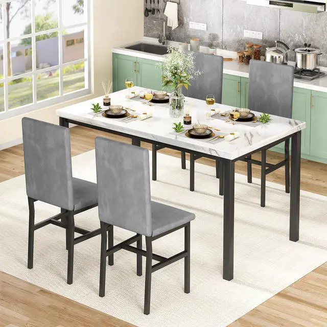 Alt view image 5 of 6 - 5-Piece Dining Table Set for 4 with Faux Marble Top & Velvet Chairs, Space Saving Modern Kitchen Table Set for Small Spaces, Apartments