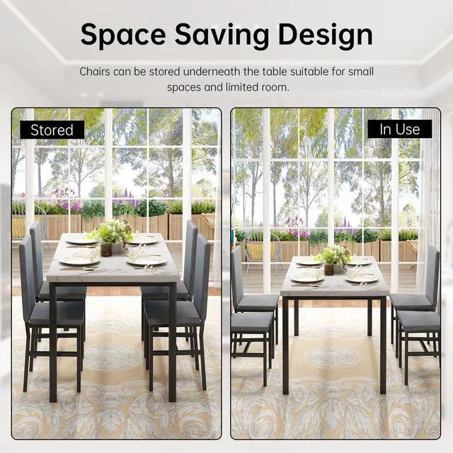 Alt view image 6 of 6 - 5-Piece Dining Table Set for 4 with Faux Marble Top & Velvet Chairs, Space Saving Modern Kitchen Table Set for Small Spaces, Apartments