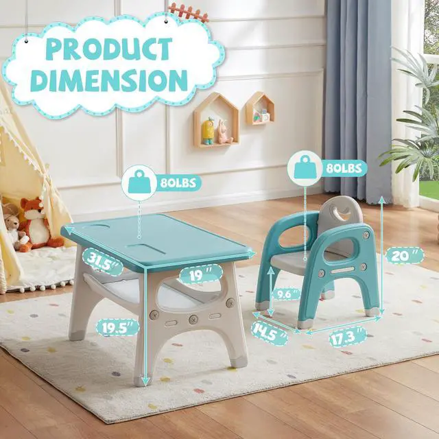 Alt view image 2 of 6 - Kids Table and Chair Set, Plastic Children Activity Table with 2 Chairs, Toddler Table and Chair Set for Reading, Drawing, Snack Time, Arts Crafts, Preschool, Gift for Boys Girls