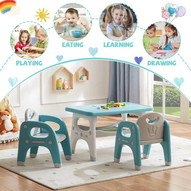 Alt view image 3 of 6 - Kids Table and Chair Set, Plastic Children Activity Table with 2 Chairs, Toddler Table and Chair Set for Reading, Drawing, Snack Time, Arts Crafts, Preschool, Gift for Boys Girls