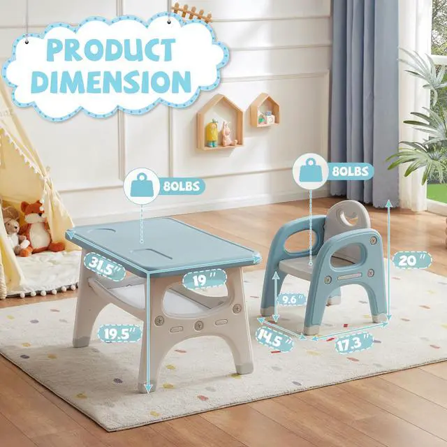 Alt view image 2 of 6 - Kids Table and Chair Set, Plastic Children Activity Table with 2 Chairs, Toddler Table and Chair Set for Reading, Drawing, Snack Time, Arts Crafts, Preschool, Gift for Boys Girls