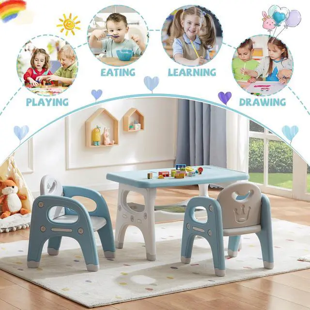 Alt view image 3 of 6 - Kids Table and Chair Set, Plastic Children Activity Table with 2 Chairs, Toddler Table and Chair Set for Reading, Drawing, Snack Time, Arts Crafts, Preschool, Gift for Boys Girls