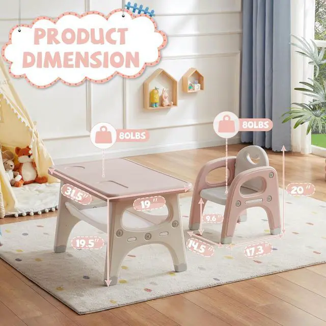 Alt view image 2 of 6 - Kids Table and Chair Set, Plastic Children Activity Table with 2 Chairs, Toddler Table and Chair Set for Reading, Drawing, Snack Time, Arts Crafts, Preschool, Gift for Boys Girls