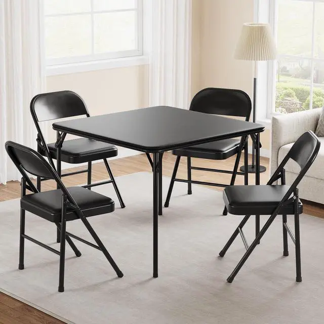 Main image of Folding Portable Card Table and Foldable Chair Set of 5, Pu Upholstered Foldable Chairs and Table With Metal Frame, Folding Table and Chair Suitable for Dining Room, Living Room, Office, Camping-Black