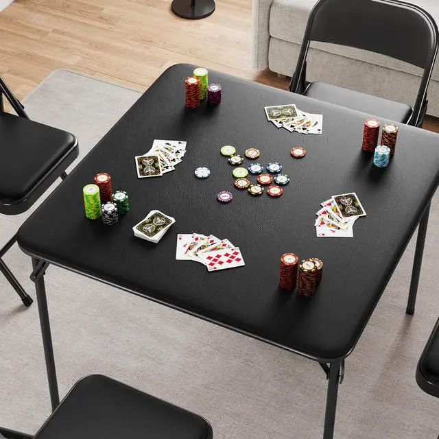 Alt view image 2 of 6 - Folding Portable Card Table and Foldable Chair Set of 5, Pu Upholstered Foldable Chairs and Table With Metal Frame, Folding Table and Chair Suitable for Dining Room, Living Room, Office, Camping-Black
